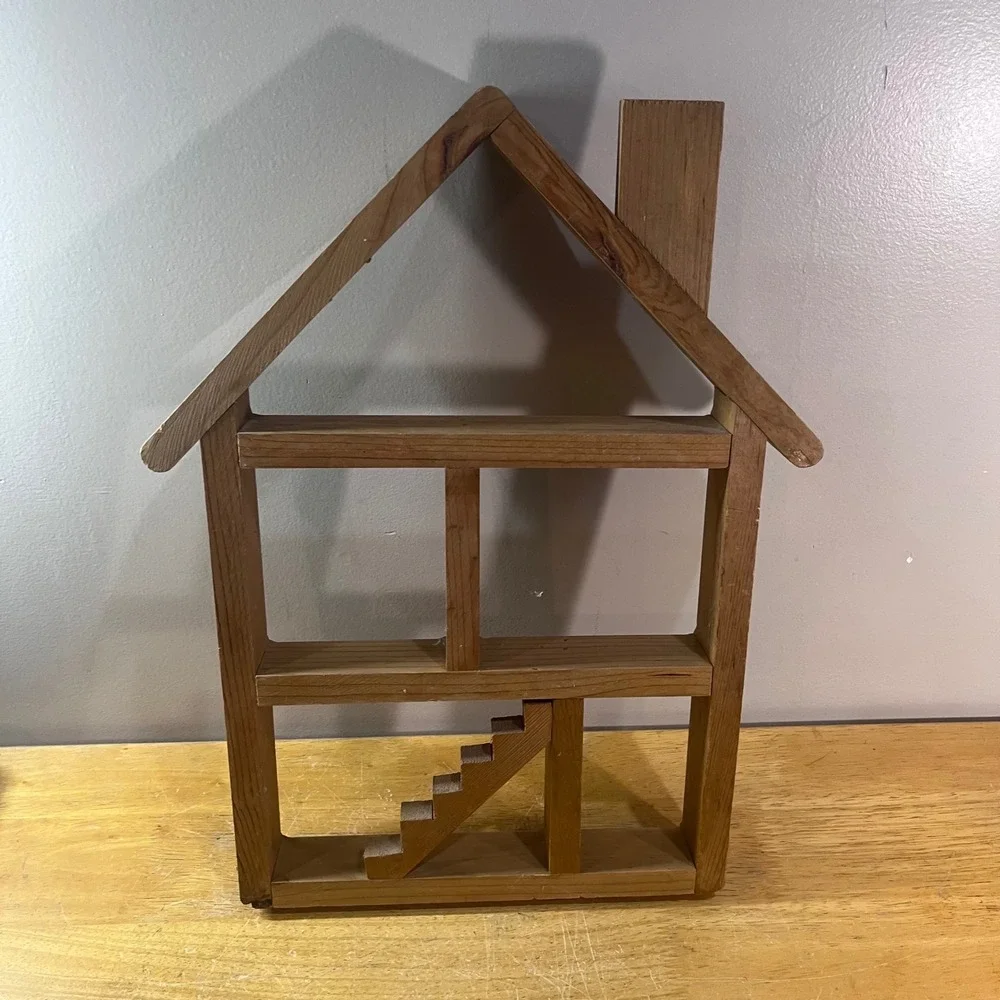 Unbranded Vtg Wood House Shadow Box Shelf Brown Rustic Wall Display Trinket Case